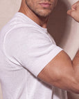 Close-up of white knit t-shirt fabric, Morengar soft-touch stretch