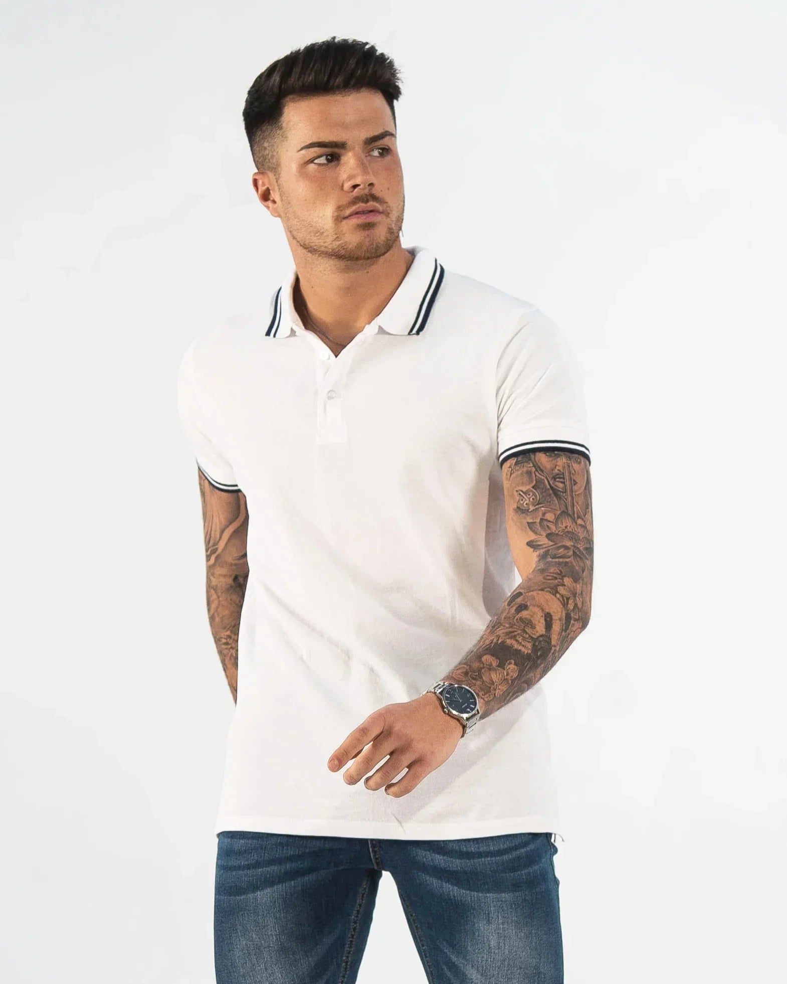 POLO SHIRT WITH CONTRAST COLLAR 2 BUNDLE BLACK WHITE