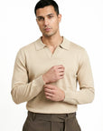 KNITTED POLO JUMPER WITH V-NECK | BEIGE