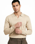 KNITTED POLO JUMPER WITH V-NECK | BEIGE