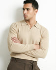 KNITTED POLO JUMPER WITH V-NECK | BEIGE
