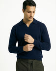 KNITTED POLO JUMPER WITH V-NECK | NAVY