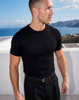 Man in black knit t-shirt, front view, Morengar menswear