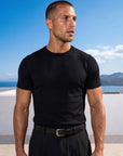 Man in black knit t-shirt outdoors, Morengar summer style