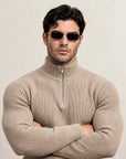 RIBBED KNIT ZIP COLLAR SWEATER | BEIGE