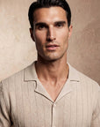 Man in beige vertical texture knit shirt, front view, Morengar menswear