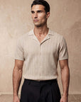 Man wearing beige knit shirt with vertical texture, Morengar summer style