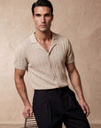 Man wearing beige vertical texture knit shirt, Morengar menswear