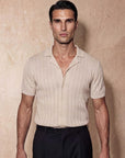 Man in beige vertical texture knit shirt, Morengar menswear