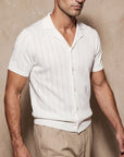Man in white vertical texture knit shirt with beige trousers, Morengar summer style