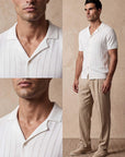 Man wearing white vertical texture knit shirt, detail view, Morengar menswear