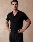 Man wearing black vertical texture knit shirt, Morengar menswear
