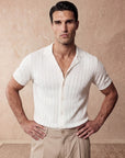Man wearing white vertical texture knit shirt, Morengar menswear