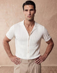 Man wearing white vertical texture knit shirt, Morengar menswear