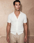 Man in white vertical texture knit shirt, front view, Morengar menswear