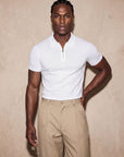 Man in white knit polo with hand on hip, Morengar menswear