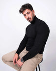 MORENGAR CLASSIC WOOLL KNITTED JUMPER IN BLACK WITH ROLL COLLAR