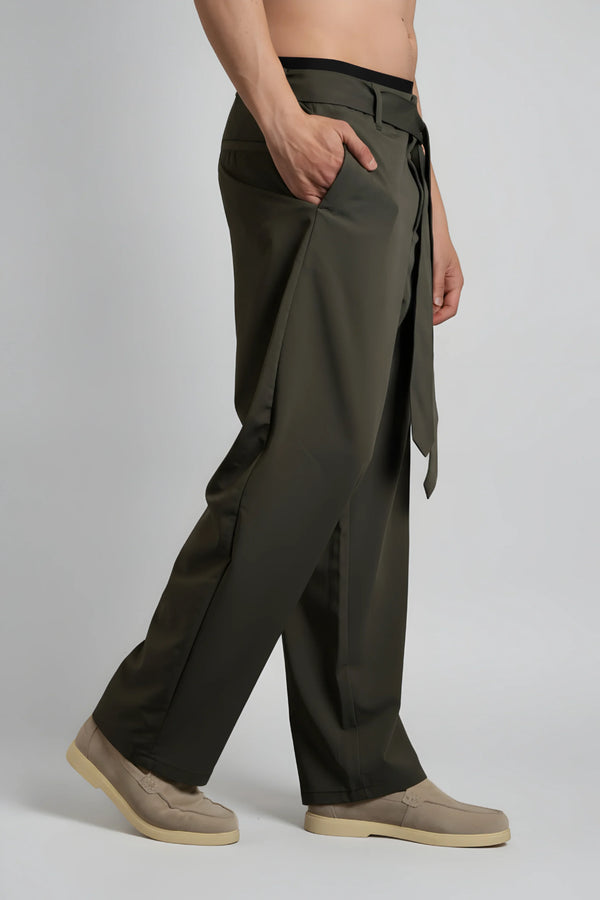 Relaxed Fit Belted Tailored Trousers | Khaki