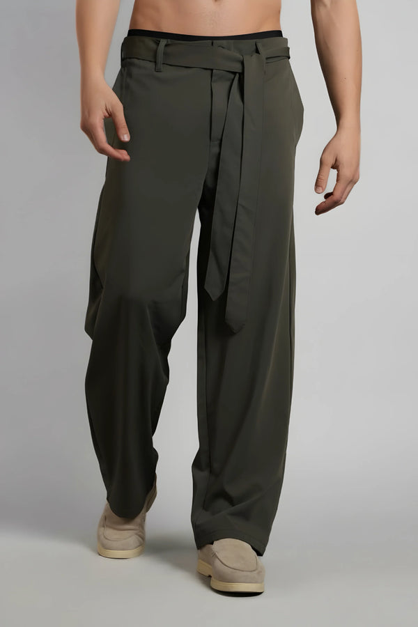 Relaxed Fit Belted Tailored Trousers | Khaki