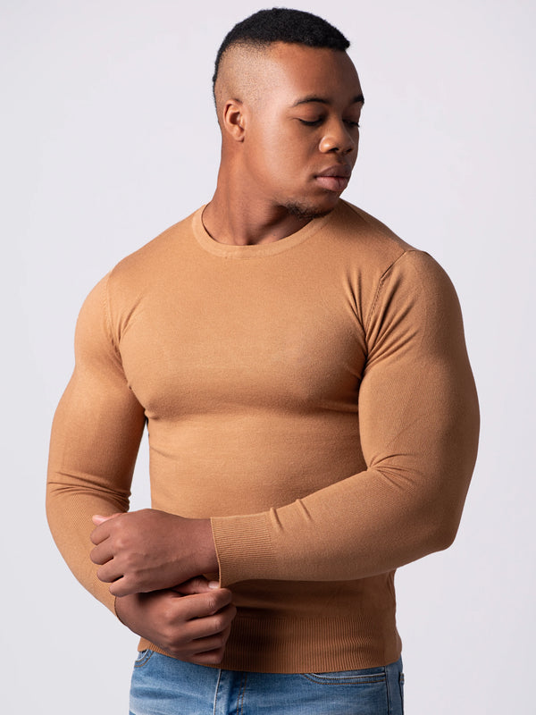 KNITTED ROUND NECK JUMPER | CAMEL
