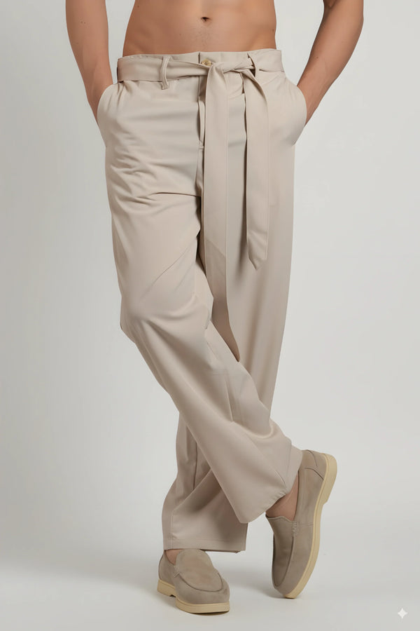 Relaxed Fit Belted Tailored Trousers | Beige