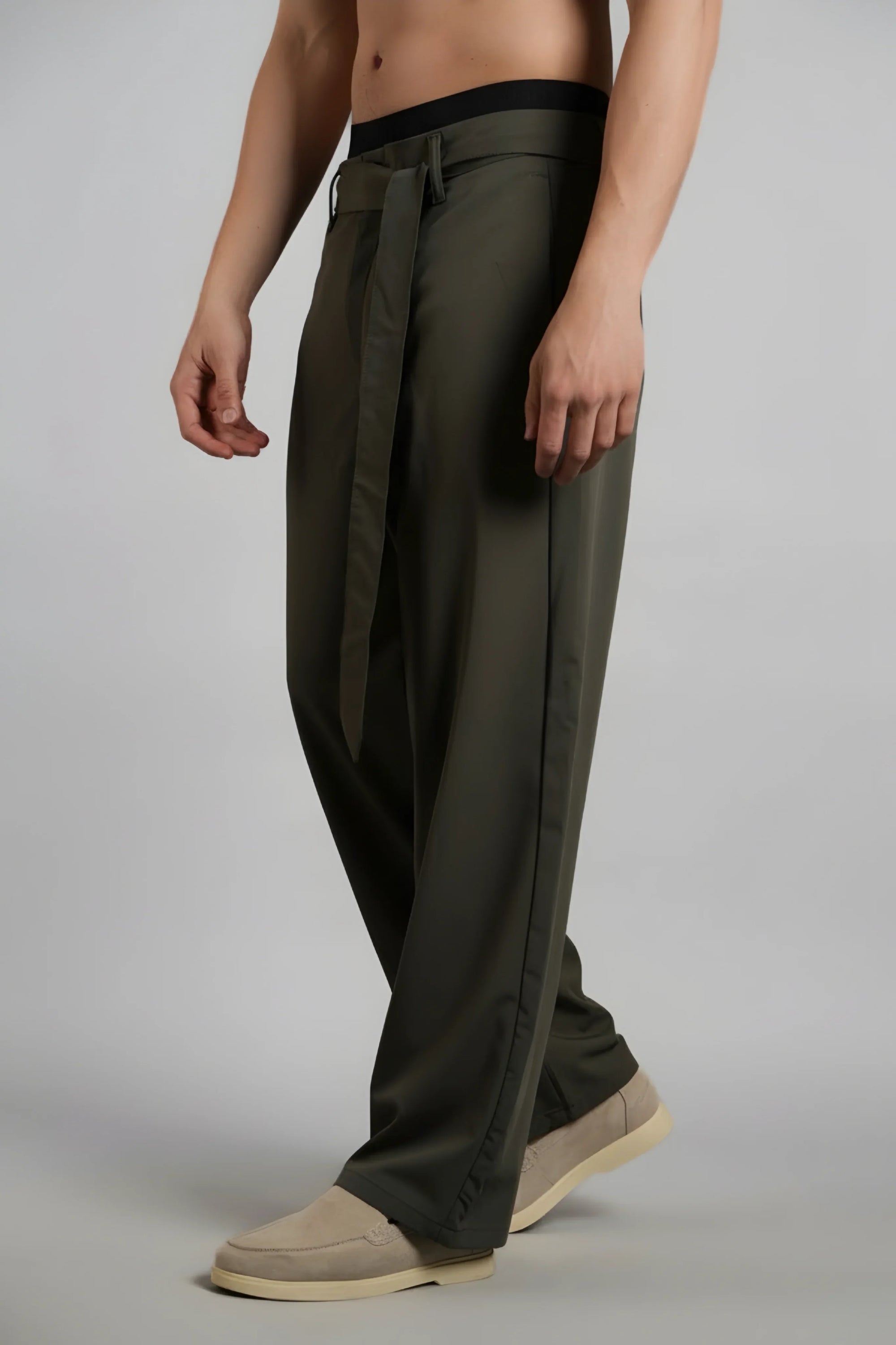 Relaxed Fit Belted Tailored Trousers | Khaki