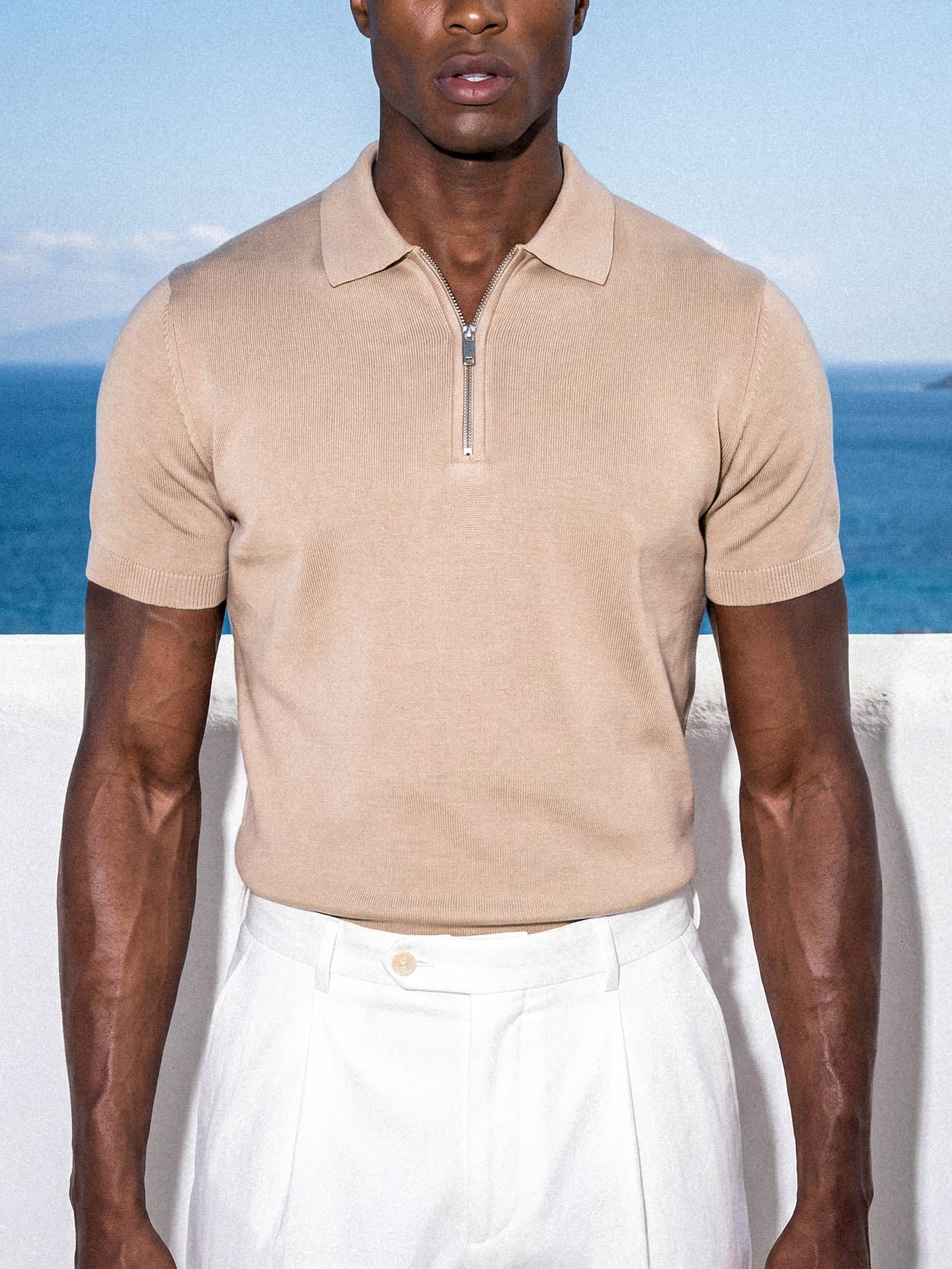 Beige knit polo for men, Morengar — front detail