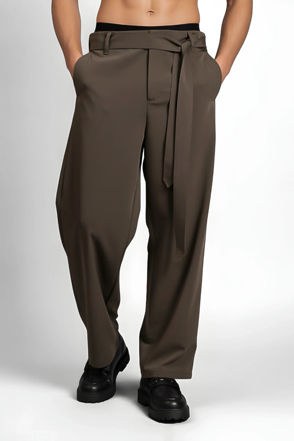 Relaxed Fit Belted Tailored Trousers | Brown
