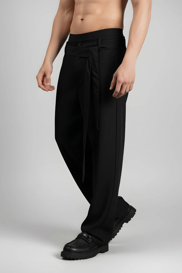 Relaxed Fit Belted Tailored Trousers | Black