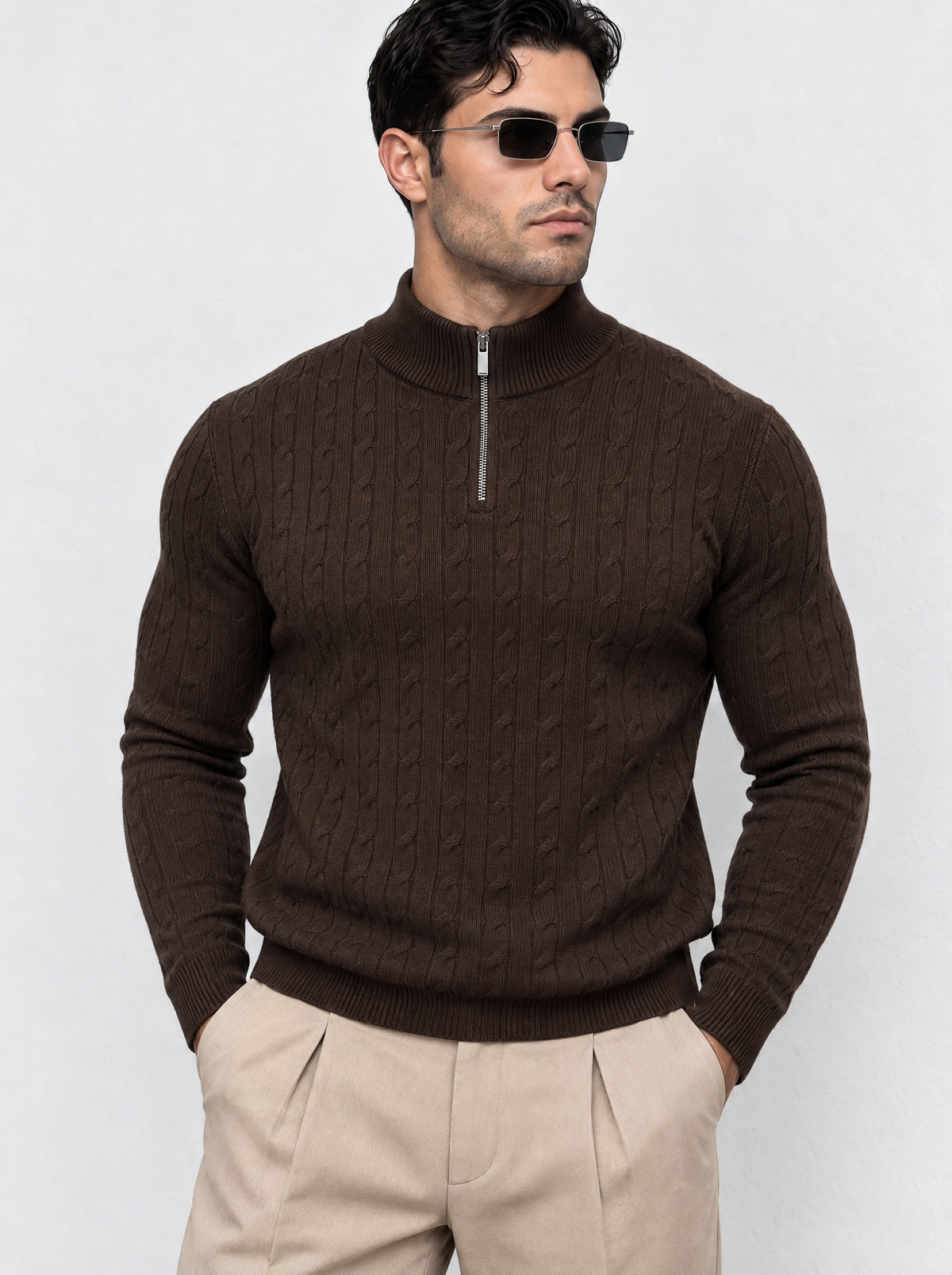 CHELSEA CABLE-KNIT ZIP SWEATER | CHOCOLATE