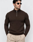 CHELSEA CABLE-KNIT ZIP SWEATER | CHOCOLATE