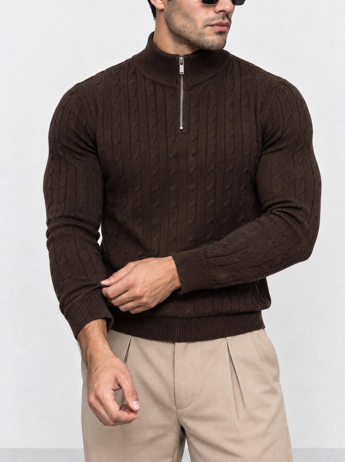 CHELSEA CABLE-KNIT ZIP SWEATER | CHOCOLATE