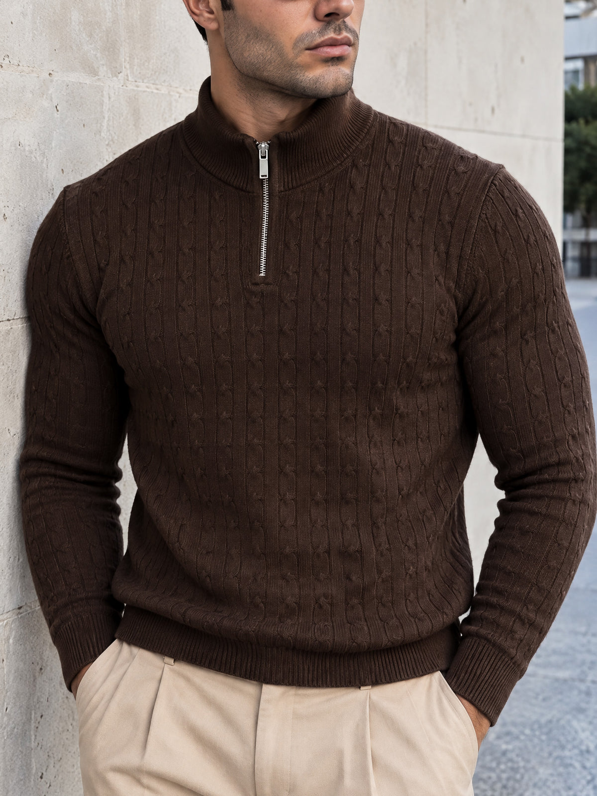 CHELSEA CABLE-KNIT ZIP SWEATER | CHOCOLATE
