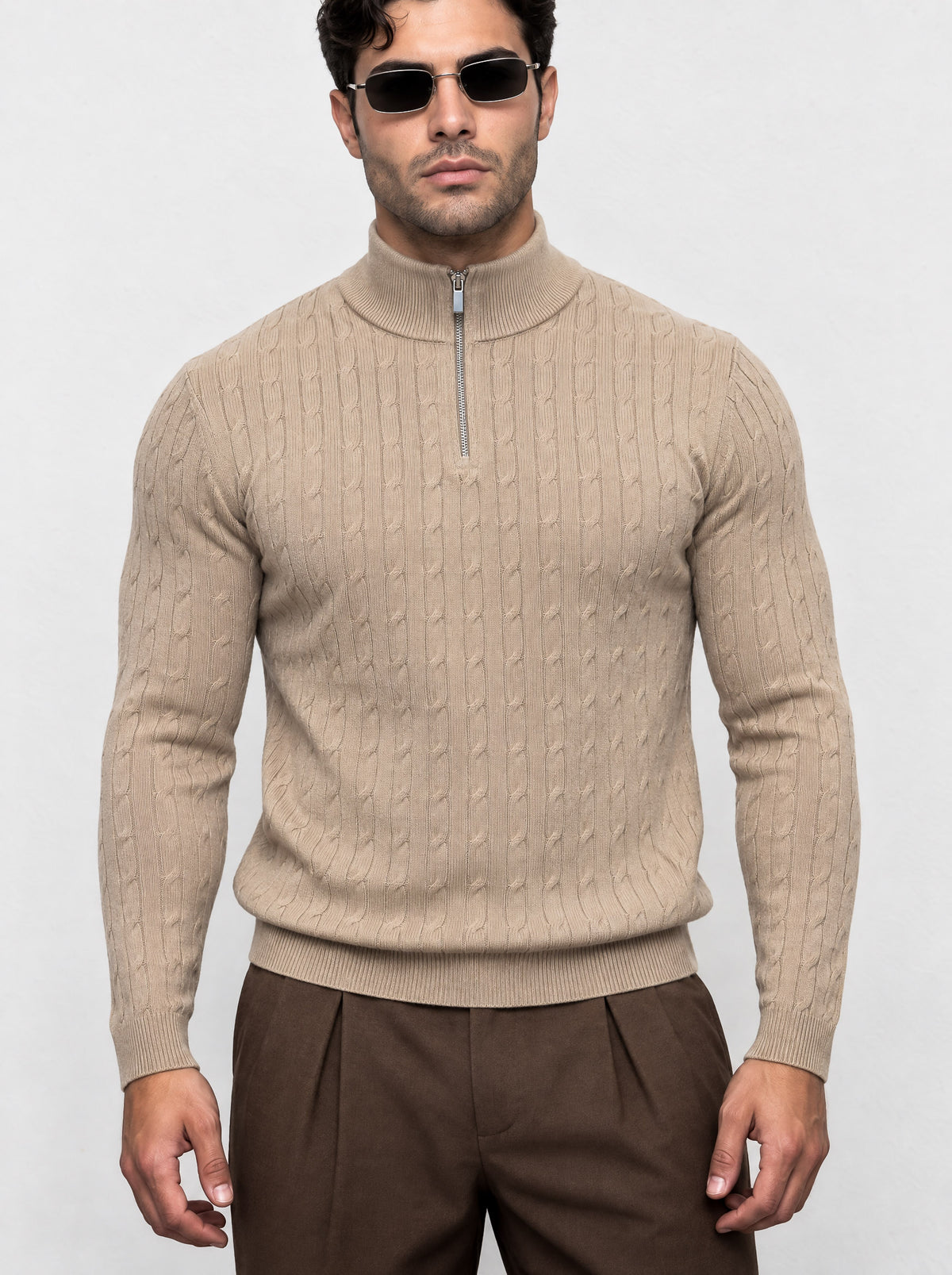 CHELSEA CABLE-KNIT ZIP SWEATER | BEIGE