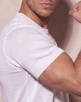 Close-up of white knit t-shirt fabric, Morengar soft-touch stretch