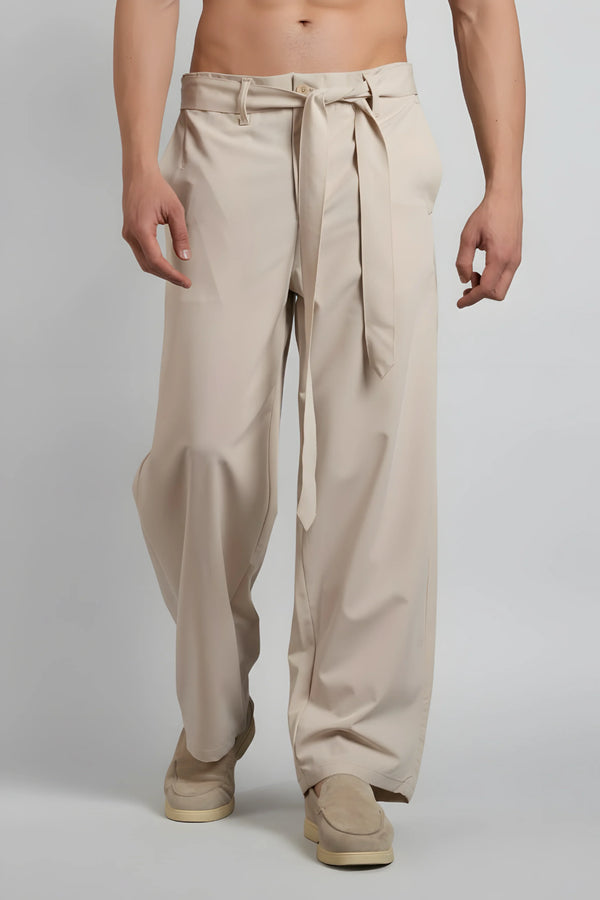 Relaxed Fit Belted Tailored Trousers | Beige