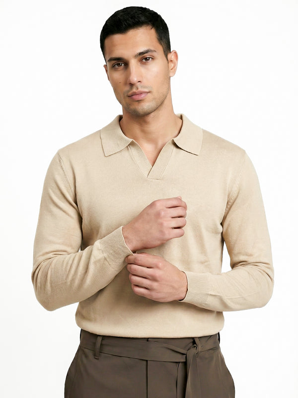 KNITTED POLO JUMPER WITH V-NECK | BEIGE