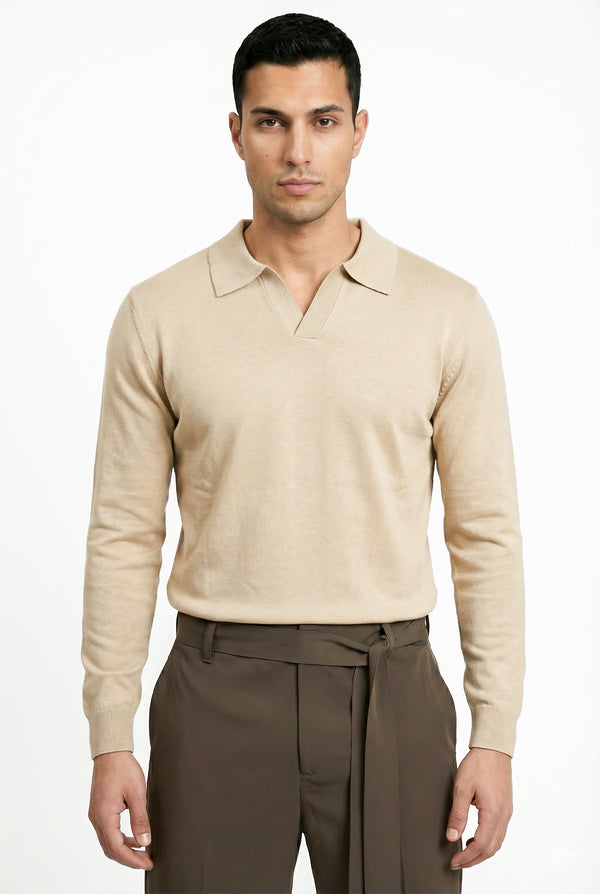 KNITTED POLO JUMPER WITH V-NECK | BEIGE