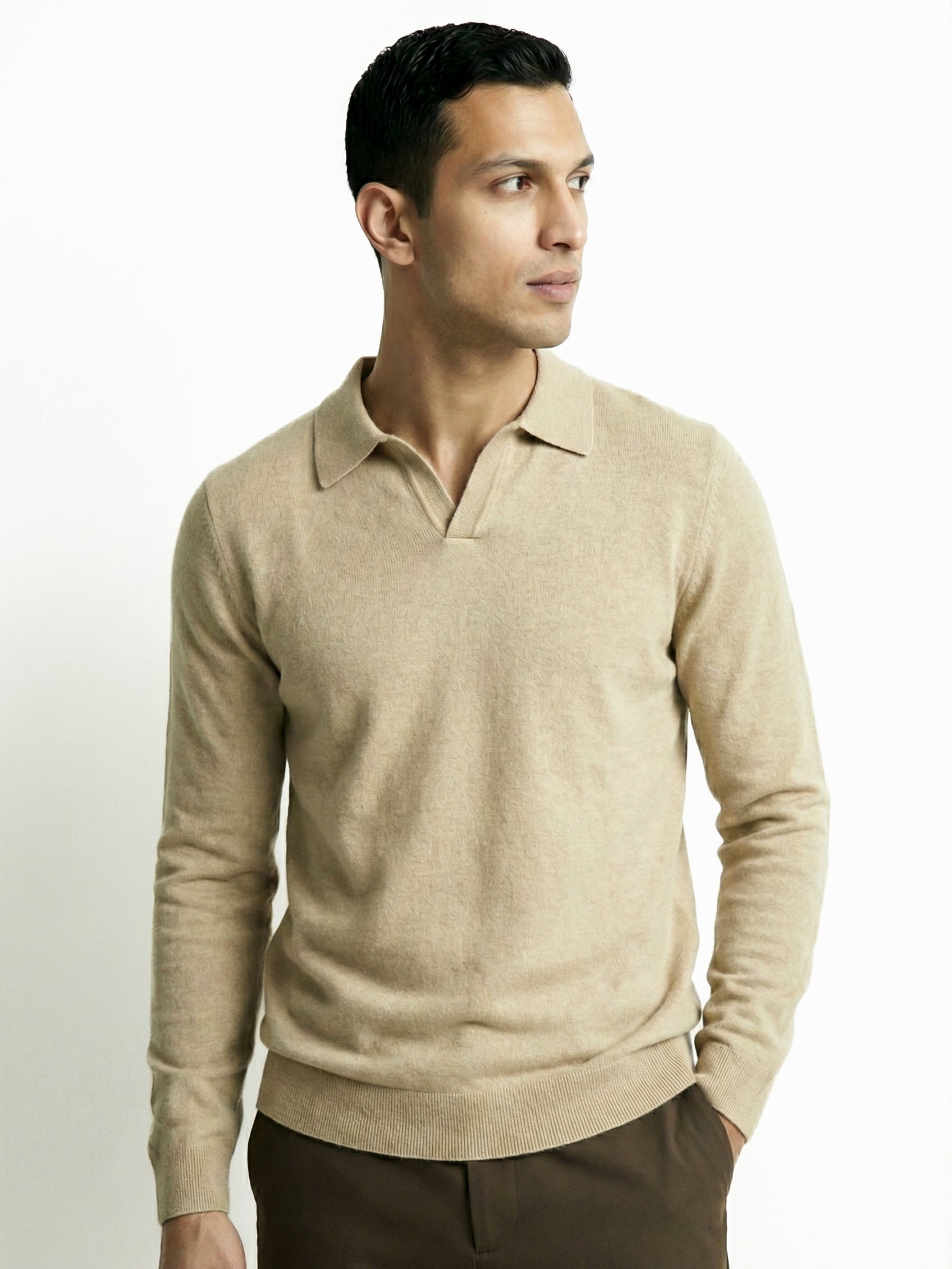 KNITTED POLO JUMPER WITH V-NECK | BEIGE