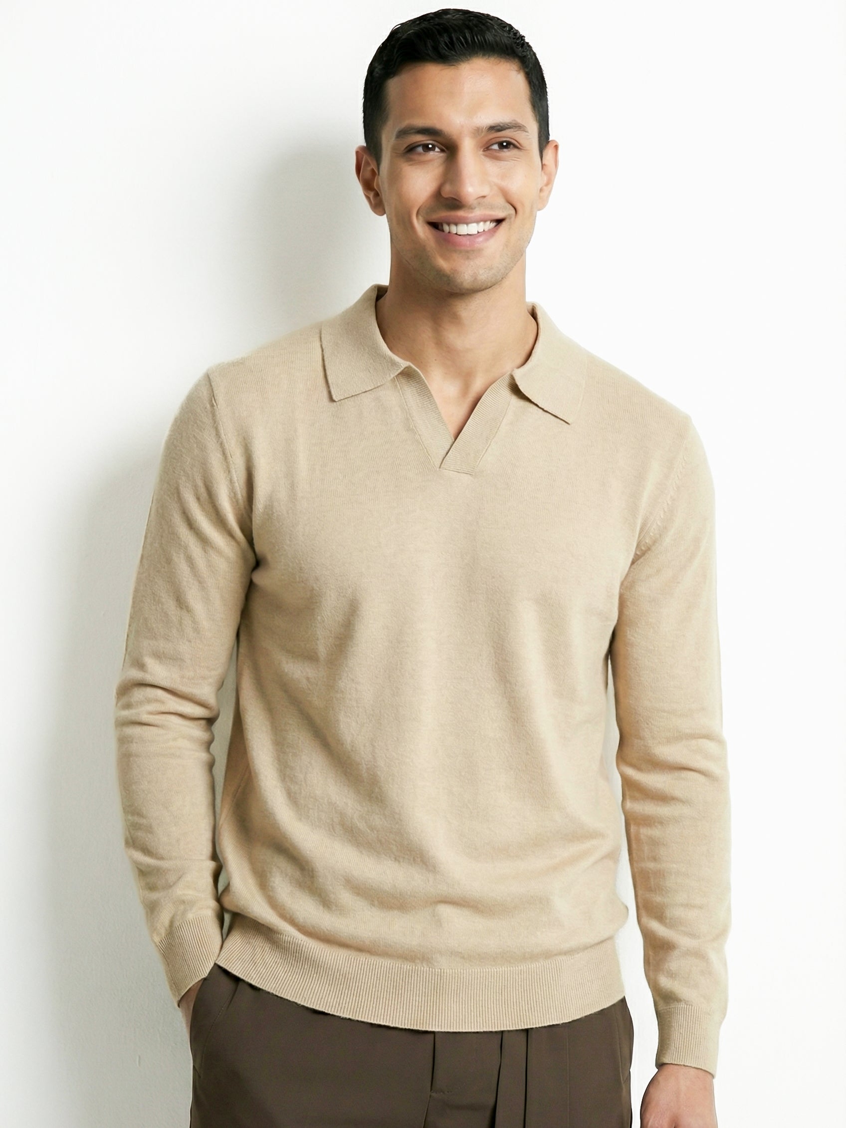 KNITTED POLO JUMPER WITH V-NECK | BEIGE
