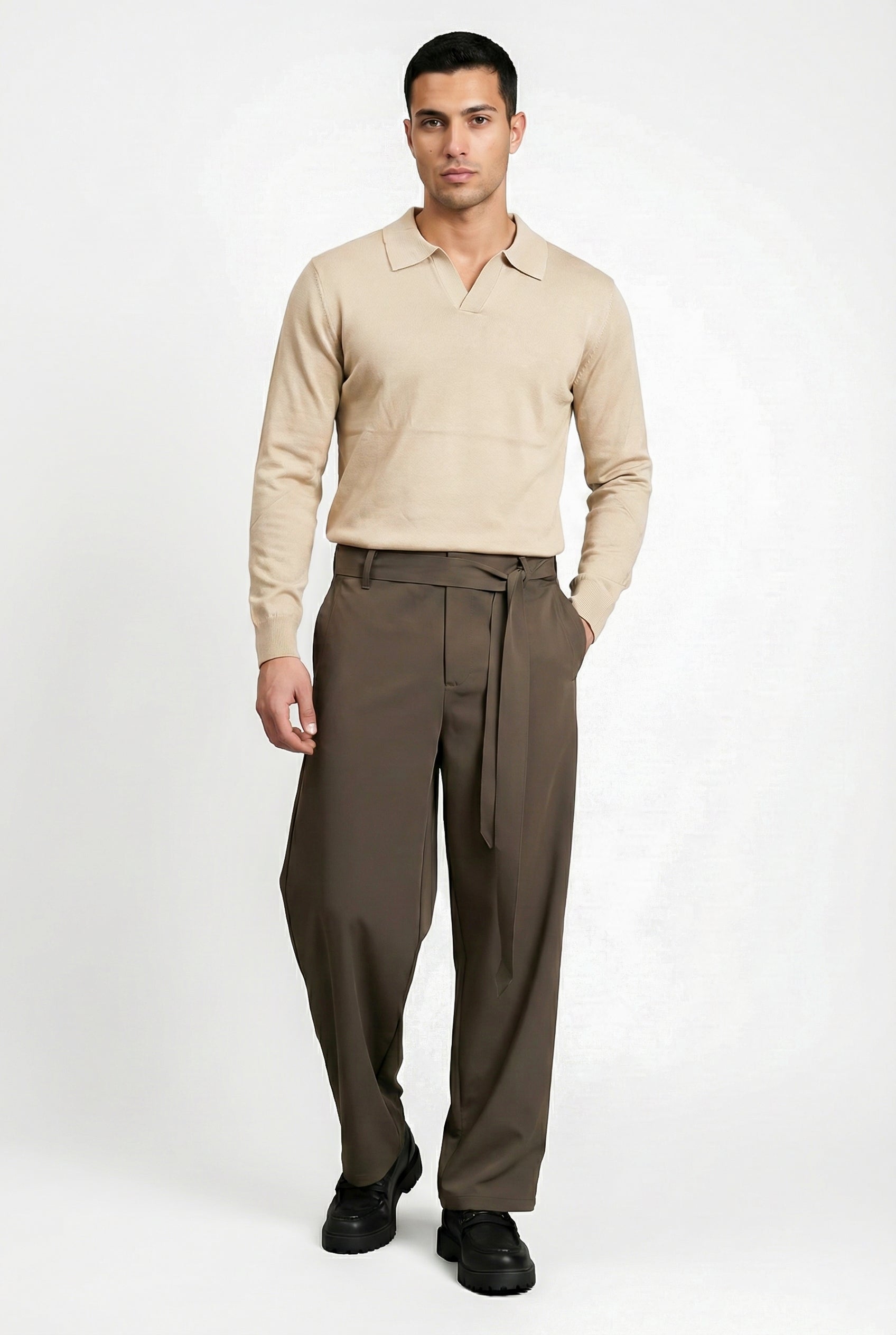 KNITTED POLO JUMPER WITH V-NECK | BEIGE