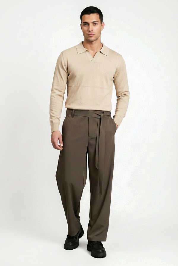 KNITTED POLO JUMPER WITH V-NECK | BEIGE