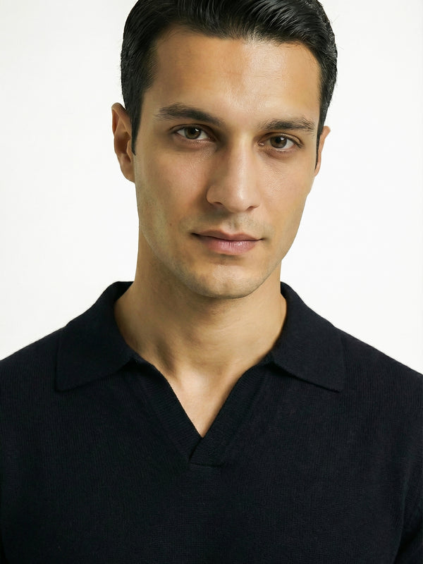 KNITTED POLO JUMPER WITH V-NECK | BLACK