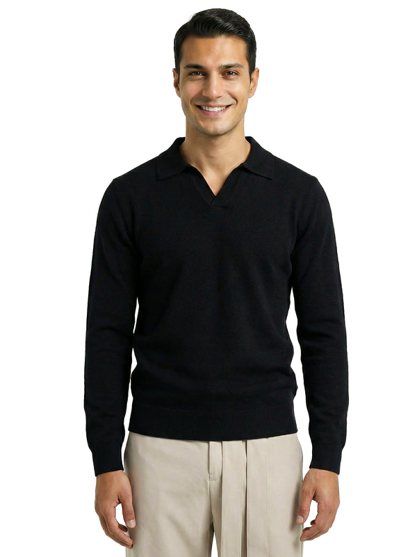 KNITTED POLO JUMPER WITH V-NECK | BLACK
