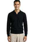 KNITTED POLO JUMPER WITH V-NECK | BLACK