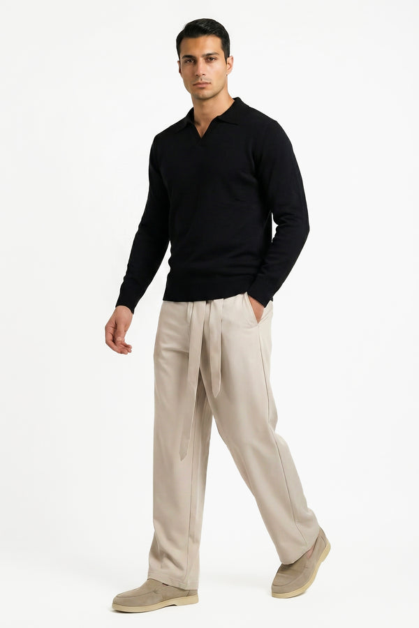 KNITTED POLO JUMPER WITH V-NECK | BLACK
