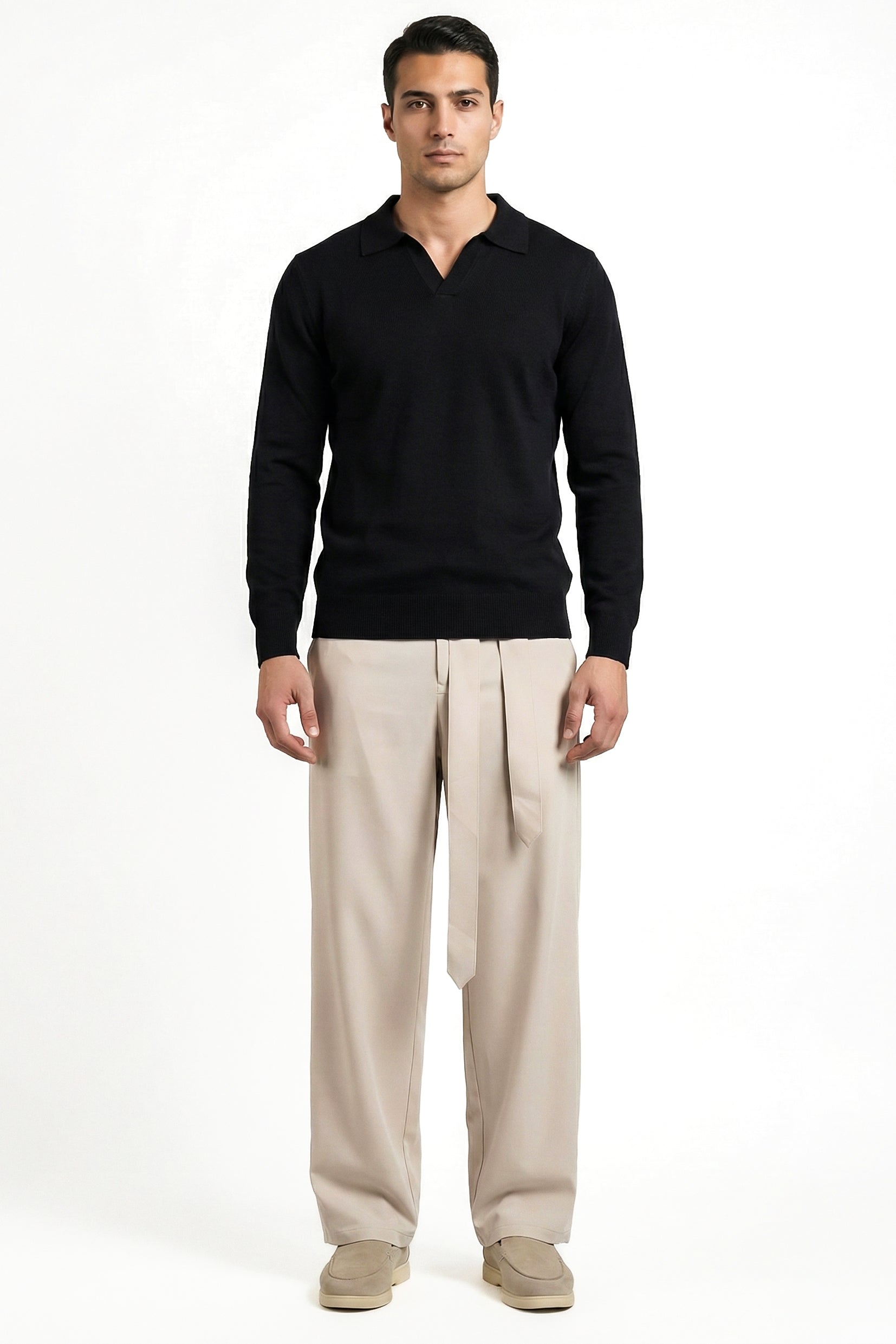 KNITTED POLO JUMPER WITH V-NECK | BLACK