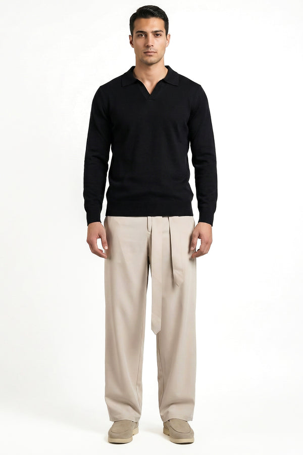 KNITTED POLO JUMPER WITH V-NECK | BLACK