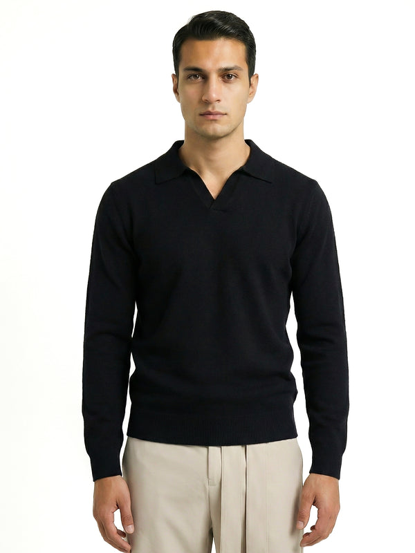 KNITTED POLO JUMPER WITH V-NECK | BLACK