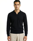 KNITTED POLO JUMPER WITH V-NECK | BLACK